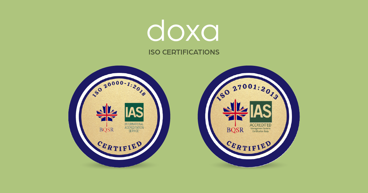 A photo of Doxa ISO Certifications - ISO 20000-1:2018 and ISO 27001:2013